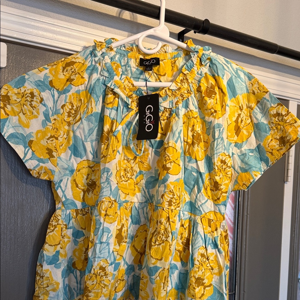 G.O.Q Floral Ruffle-Neck Peplum Blouse in Yellow & Light Blue - Picture 2 of 5